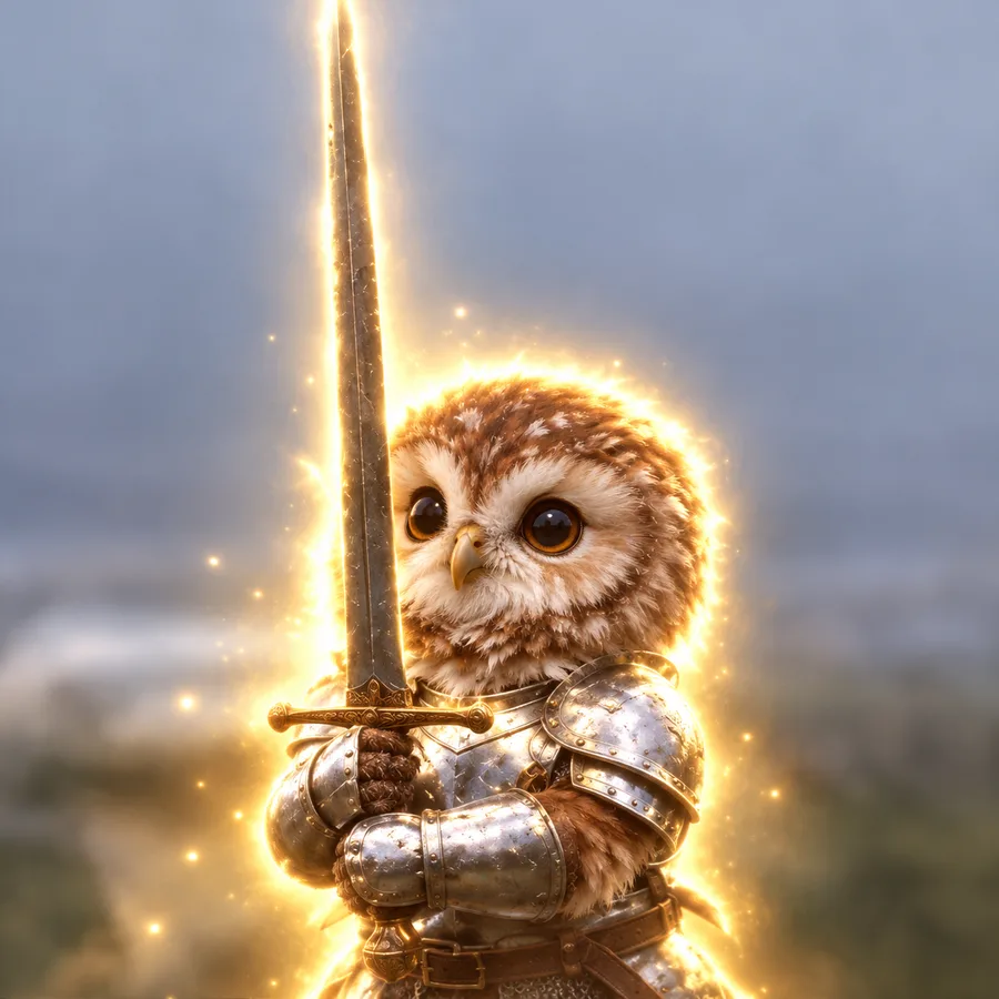 owl wif sword, a baby owl in silver armor with a glowing sword
